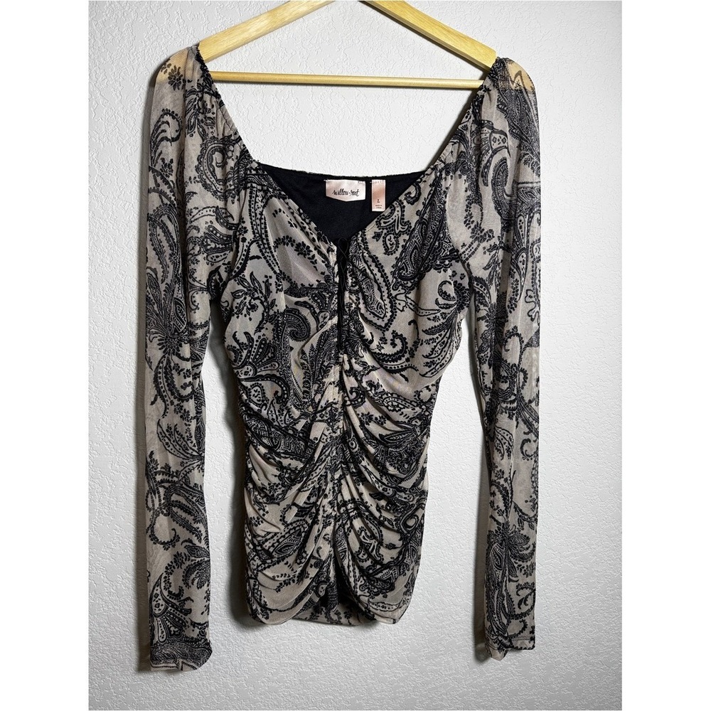 Willow & Root Top Women L Black Beige Paisley Mesh Ruched Y2K whimsigoth